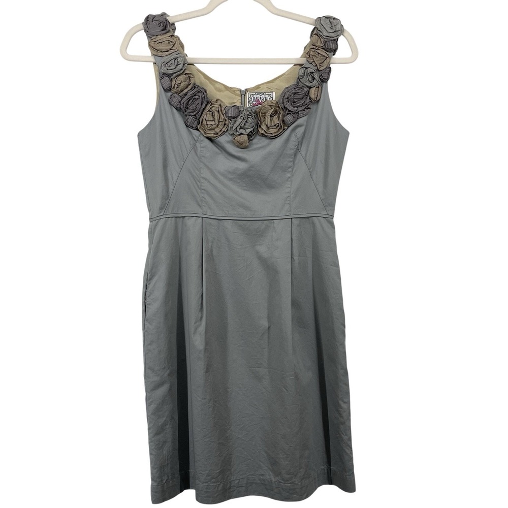 Baraschi Womens Size 6 Sheath Dress Grey 3D‎ Floral Rosette Y2k Empire Waist